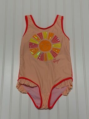 Betsey Johnson Kids One-Piece Swimsuit Peach with Coral Trim and Yellow Sun